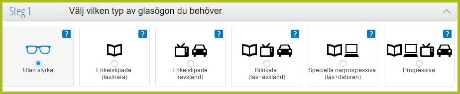 välj typ av glasögon, med eller utan styrka